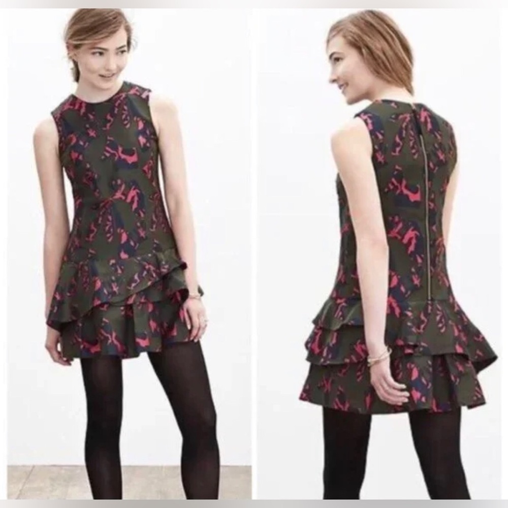 Banana Republic Jacquard Drop Waist Ruffled Sleeveless Dress Camo Size 6